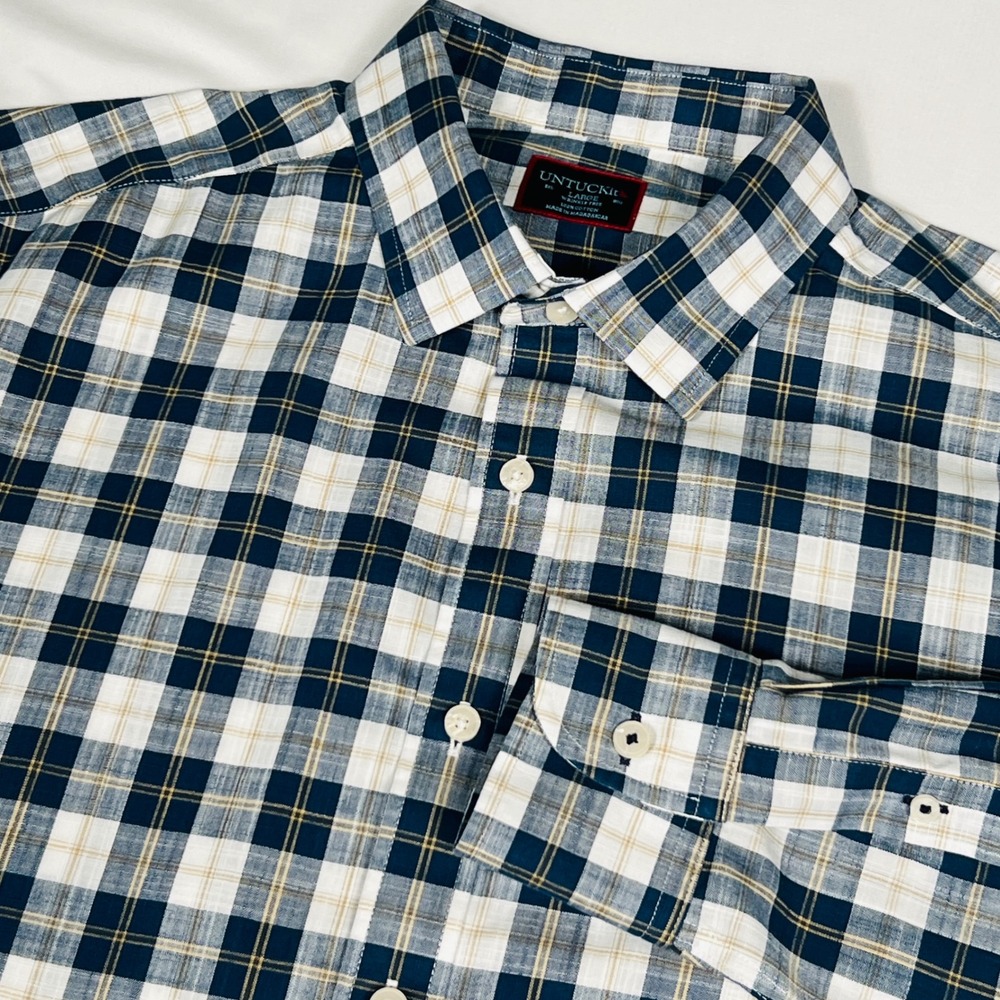 UNTUCKit Men Large Blue White Yellow Plaid Wrinkle Free Cotton Button Down Shirt